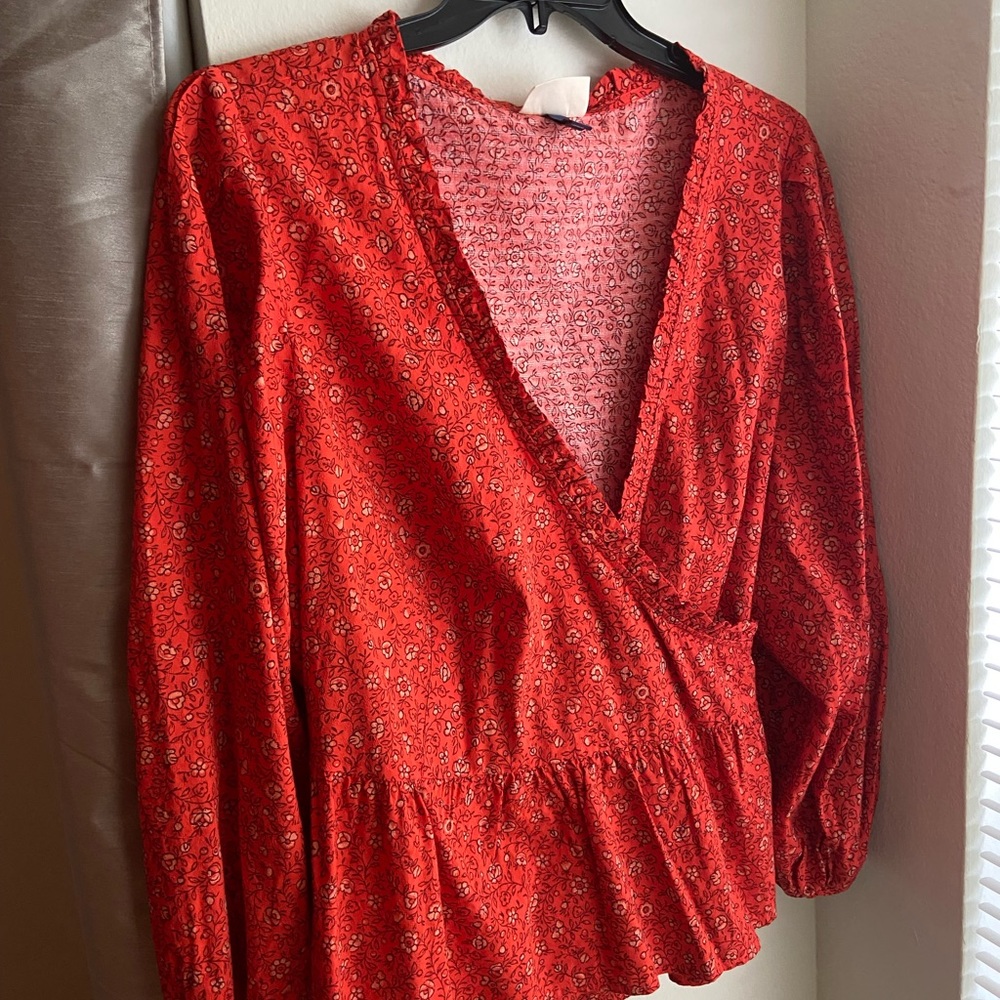 SOLD 2x-Orange flower print long sleeve wrap blouse